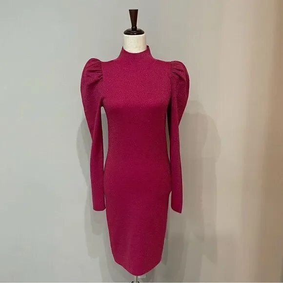 𝅺nwt Alice + Olivia Issa Metallic Puff Long Sleeve Wool Blend Dress Size Large